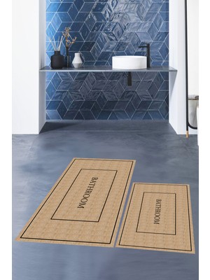 Evdeya Dijital Baskılı Yıkanabilir Sade Bathroom Yazılı Ikili Banyo Paspası, Klozet-4-Kahve,