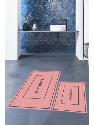 Evdeya Dijital Baskılı Yıkanabilir Sade Bathroom Yazılı Ikili Banyo Paspası, Klozet-4-Pembe,