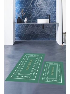 Evdeya Dijital Baskılı Yıkanabilir Desenli Bathroom Yazılı Ikili Banyo Paspası, Klozet-5-Yeşil,