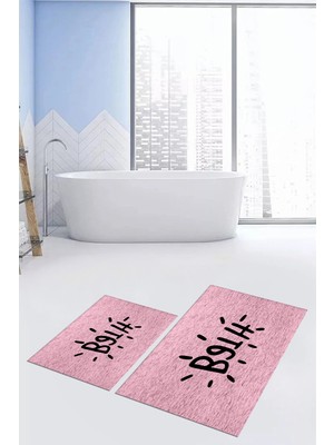 Evdeya Dijital Baskılı Yıkanabilir Bath Yazılı Ikili Banyo Halısı Paspas, Klozet-9-Pembe,