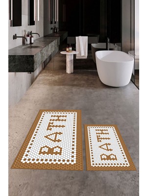 Evdeya Dijital Baskılı Mozaik Desenli Bath Yazılı Ikili Banyo Paspası, Klozet-7-Kahve,