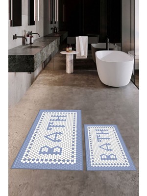 Evdeya Dijital Baskılı Mozaik Desenli Bath Yazılı Ikili Banyo Paspası, Klozet-7-Mavi,