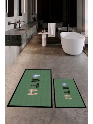 Evdeya Dijital Baskılı Yıkanabilir Renkli Bath Yazılı Ikili Banyo Paspası, Klozet-8-Yeşil,