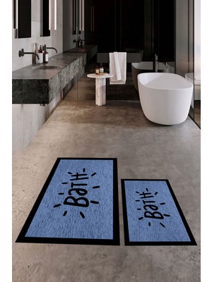 Evdeya Dijital Baskılı Yıkanabilir Çerçeveli Bath Yazılı Ikili Banyo Halısı Paspas, Klozet-10-Mavi,