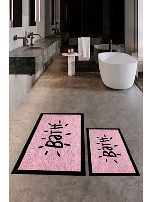 Evdeya Dijital Baskılı Yıkanabilir Çerçeveli Bath Yazılı Ikili Banyo Halısı Paspas, Klozet-10-Pembe,