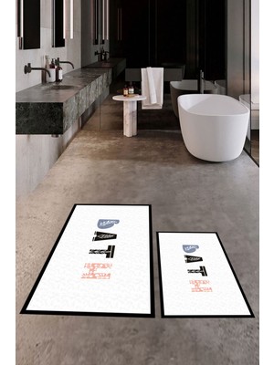 Evdeya Dijital Baskılı Yıkanabilir Renkli Bath Yazılı Ikili Banyo Paspası, Klozet-8-Beyaz,