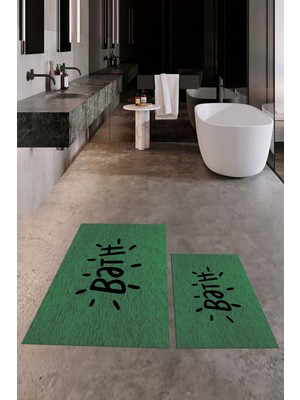 Evdeya Dijital Baskılı Yıkanabilir Bath Yazılı Ikili Banyo Halısı Paspas, Klozet-9-Yeşil,