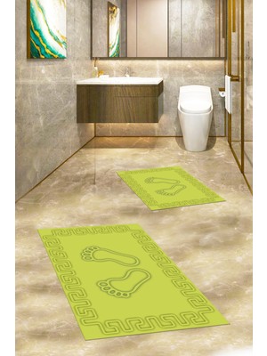 Evdeya Dijital Baskılı Yıkanabilir Çerçeveli Ayak Izi Desenli Ikili Banyo Halısı, Klozet-18-Yeşil,