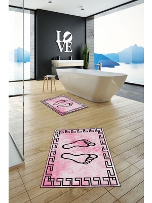 Evdeya Dijital Baskılı Yıkanabilir Çerçeveli Ayak Izi Desenli Ikili Banyo Halısı, Klozet-19-Pembe,