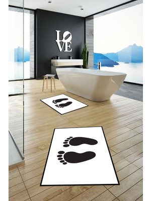 Evdeya Dijital Baskılı Yıkanabilir Sade Ayak Izi Desenli Ikili Banyo Halısı, Klozet-21-Beyaz,