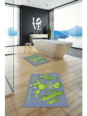 Evdeya Dijital Baskılı Yıkanabilir Kaktüs Desenli Ikili Banyo Halısı Paspas, Klozet-23-Mavi,