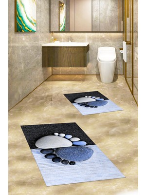 Evdeya 3d Dijital Baskılı Yıkanabilir Ayak Izi Desenli Ikili Banyo Halısı, Klozet-17-Mavi,