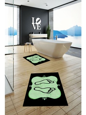 Evdeya Dijital Baskılı Yıkanabilir Modern Ayak Izi Desenli Ikili Banyo Halısı, Klozet-20-Yeşil,