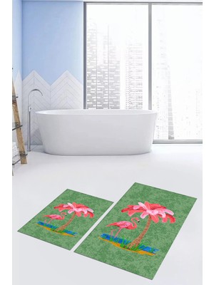Evdeya Dijital Baskılı Yıkanabilir Flamingo Desenli Ikili Banyo Halısı Paspas, Klozet-30-Yeşil,