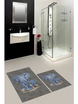 Evdeya Dijital Baskılı Yıkanabilir Modern Fil Desenli Ikili Banyo Halısı Paspas, Klozet-33-Gri,