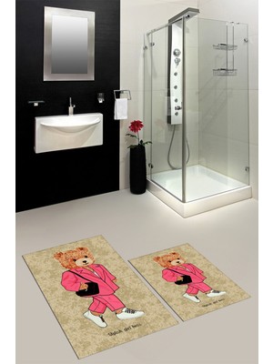 Evdeya Dijital Baskılı Yıkanabilir Ayıcık Desenli Ikili Banyo Halısı Paspas, Klozet-34-Kahve,