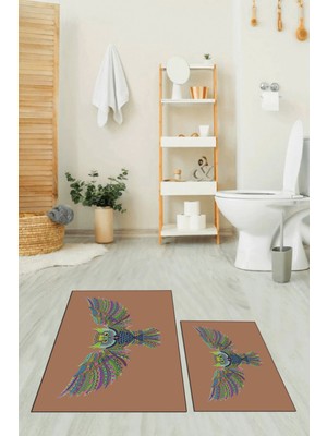 Evdeya Dijital Baskılı Yıkanabilir Rengarenk Baykuş Ikili Banyo Halısı Paspas, Klozet-37-Kahve,