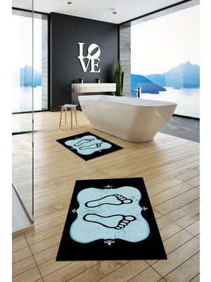 Evdeya Dijital Baskılı Yıkanabilir Modern Ayak Izi Desenli Ikili Banyo Halısı, Klozet-20-Mavi,