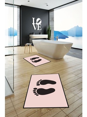 Evdeya Dijital Baskılı Yıkanabilir Sade Ayak Izi Desenli Ikili Banyo Halısı, Klozet-21-Pembe,