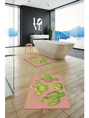 Evdeya Dijital Baskılı Yıkanabilir Kaktüs Desenli Ikili Banyo Halısı Paspas, Klozet-23-Pembe,