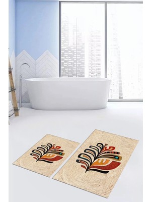 Evdeya Dijital Baskılı Yıkanabilir Renkli Yaprak Desen Ikili Banyo Halısı, Klozet-27-Kahve,
