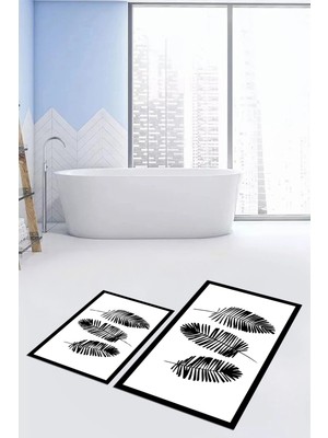 Evdeya Dijital Baskılı Yıkanabilir Renkli Yapraklı Desen Ikili Banyo Halısı, Klozet-26-Beyaz,