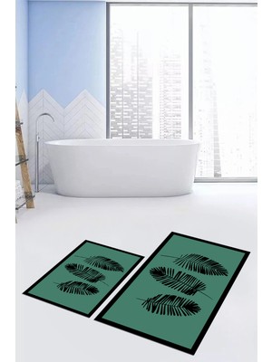 Evdeya Dijital Baskılı Yıkanabilir Renkli Yapraklı Desen Ikili Banyo Halısı, Klozet-26-Yeşil,