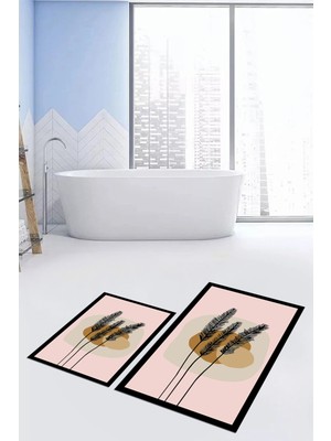 Evdeya Dijital Baskılı Yıkanabilir Renkli Çiçekli Ikili Banyo Halısı Paspas, Klozet-28-Pembe,