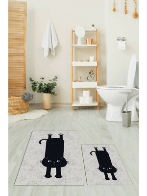 Evdeya Dijital Baskılı Yıkanabilir Sevimli Kedi Ikili Banyo Halısı Paspas, Klozet-39-Gri,