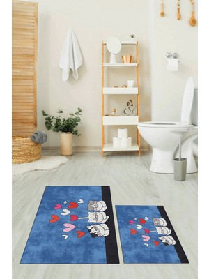Evdeya Dijital Baskılı Yıkanabilir Kalipli Kediler Desenli Ikili Banyo Halısı, Klozet-42-Mavi,