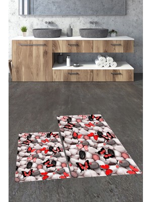 Evdeya 3d Dijital Baskılı Yıkanabilir Kelebek Desenli Ikili Banyo Halısı Paspas, Klozet-44-Kırmızı,