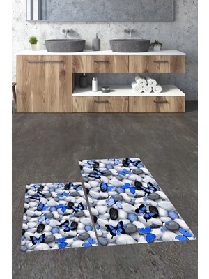 Evdeya 3d Dijital Baskılı Yıkanabilir Kelebek Desenli Ikili Banyo Halısı Paspas, Klozet-44-Mavi,