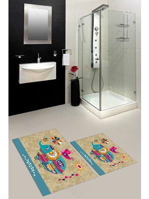 Evdeya Dijital Baskılı Yıkanabilir Renkli Fil Desenli Ikili Banyo Halısı Paspas, Klozet-31-Kahve,