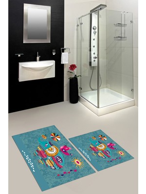 Evdeya Dijital Baskılı Yıkanabilir Renkli Fil Desenli Ikili Banyo Halısı Paspas, Klozet-31-Mavi,