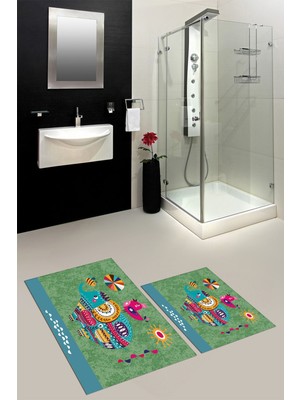 Evdeya Dijital Baskılı Yıkanabilir Renkli Fil Desenli Ikili Banyo Halısı Paspas, Klozet-31-Yeşil,