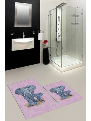 Evdeya Dijital Baskılı Yıkanabilir Modern Fil Desenli Ikili Banyo Halısı Paspas, Klozet-33-Pembe,