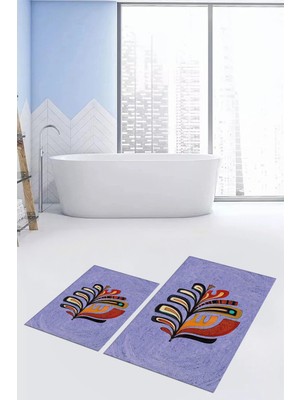 Evdeya Dijital Baskılı Yıkanabilir Renkli Yaprak Desen Ikili Banyo Halısı, Klozet-27-Mavi,