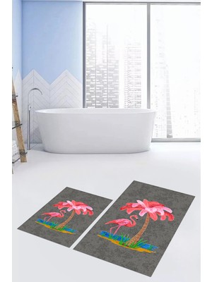 Evdeya Dijital Baskılı Yıkanabilir Flamingo Desenli Ikili Banyo Halısı Paspas, Klozet-30-Gri,