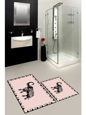 Evdeya Dijital Baskılı Yıkanabilir Fil Desenli Ikili Banyo Halısı Paspas, Klozet-32-Pembe,