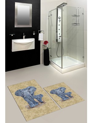 Evdeya Dijital Baskılı Yıkanabilir Modern Fil Desenli Ikili Banyo Halısı Paspas, Klozet-33-Kahve,