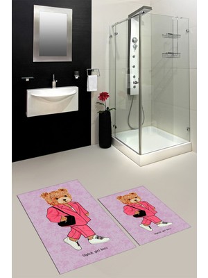 Evdeya Dijital Baskılı Yıkanabilir Ayıcık Desenli Ikili Banyo Halısı Paspas, Klozet-34-Pembe,