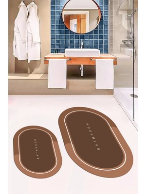 Evdeya Dijital Baskılı Yıkanabilir Bathroom Yazılı Oval Banyo Paspası, Klozet-01-Kahve,