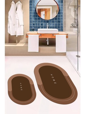 Evdeya Dijital Baskılı Yıkanabilir Home Yazılı Ikili Oval Banyo Paspası, Klozet-03-Kahve,