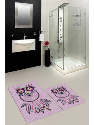 Evdeya Dijital Baskılı Yıkanabilir Baykuş Desenli Ikili Banyo Halısı Paspas, Klozet-35-Pembe,