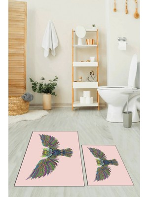 Evdeya Dijital Baskılı Yıkanabilir Rengarenk Baykuş Ikili Banyo Halısı Paspas, Klozet-37-Pembe,