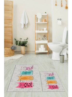 Evdeya Dijital Baskılı Yıkanabilir Renkli Kediler Desenli Ikili Banyo Halısı, Klozet-41-Gri,