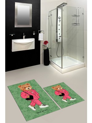 Evdeya Dijital Baskılı Yıkanabilir Ayıcık Desenli Ikili Banyo Halısı Paspas, Klozet-34-Yeşil,