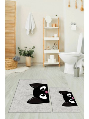 Evdeya Dijital Baskılı Yıkanabilir Kedi Desenli Ikili Banyo Halısı Paspas, Klozet-40-Gri,