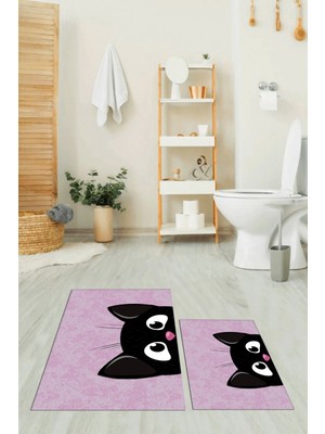 Evdeya Dijital Baskılı Yıkanabilir Kedi Desenli Ikili Banyo Halısı Paspas, Klozet-40-Pembe,