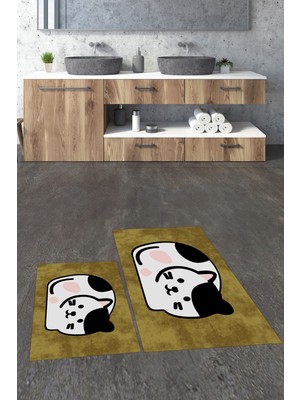Evdeya 3d Dijital Baskılı Yıkanabilir Kedi Desenli Ikili Banyo Halısı Paspas, Klozet-43-Kahve,